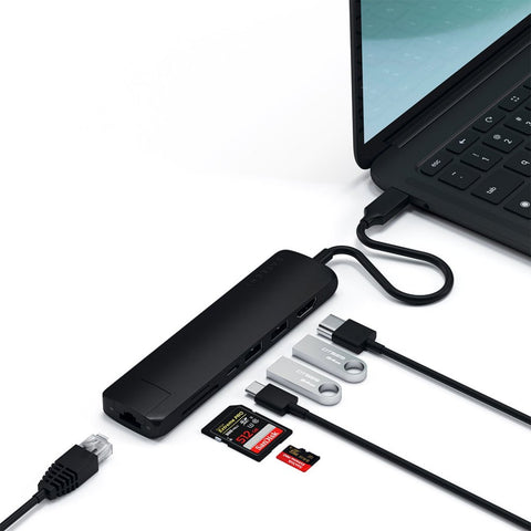 Satechi Slim USB-C MultiPort m. Ethernet - HDMI, USB 3.0 portar samt kortläsare Adapter Satechi Slim USB-C MultiPort m. Ethernet - HDMI, Samt kortläsare