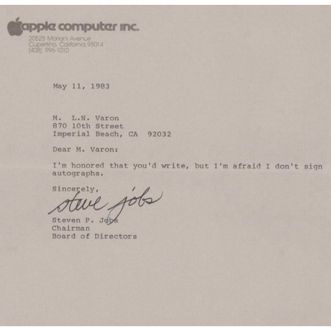 11 maj 1983 skickade Steve Jobs detta svar